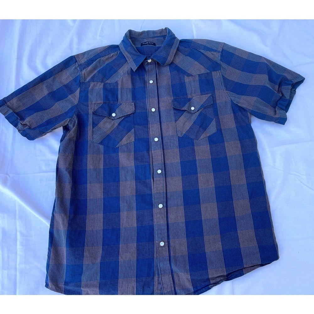 Double Pump Button Down Shirt Mens Large Blue Plaid Excellent Short Sleeve Top
